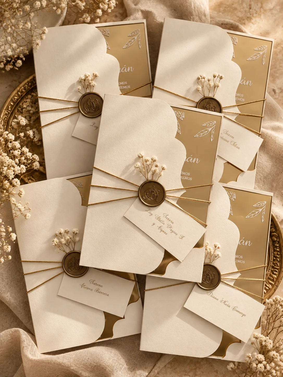 Invitaciones de matrimonio con funda marfil ondulada, tarjeta dorada con hojas blancas, cordón dorado, lacre con monograma y flores secas