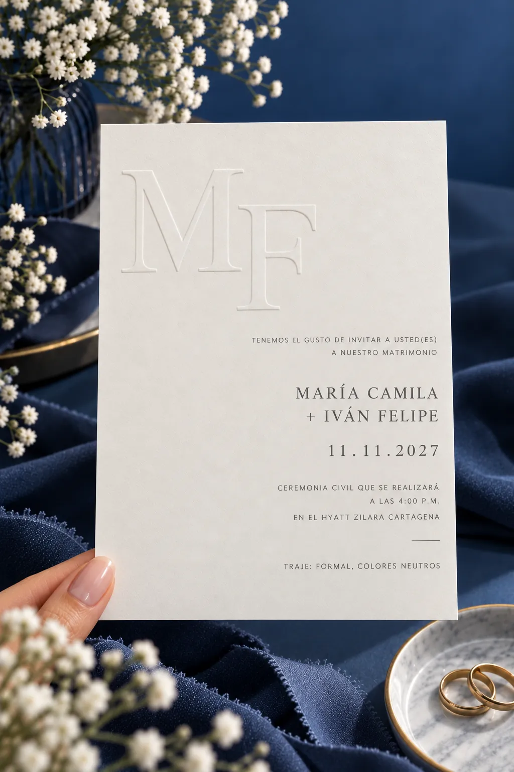 Invitación de matrimonio marfil con monograma en relieve y lacre plateado sobre fondo azul — vista 2